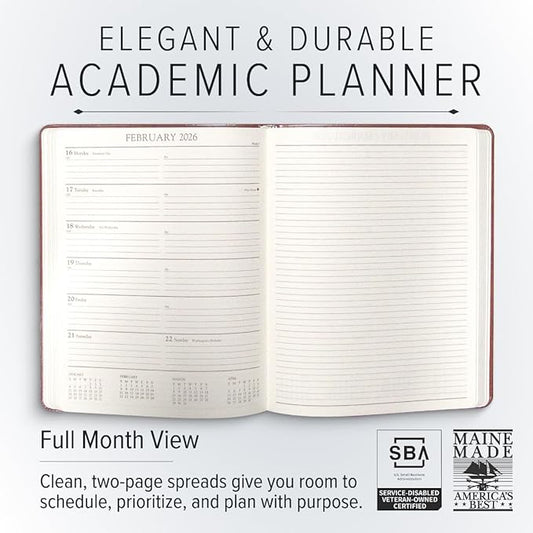 Gallery Leather Academic Planner 2025-2026, Teacher and Student Weekly Monthly Planner, Elegantly Bound Calendar with Gold-Gilded Page Edges, 18 Months - Acadia Navy - US Air Force - 9x7"