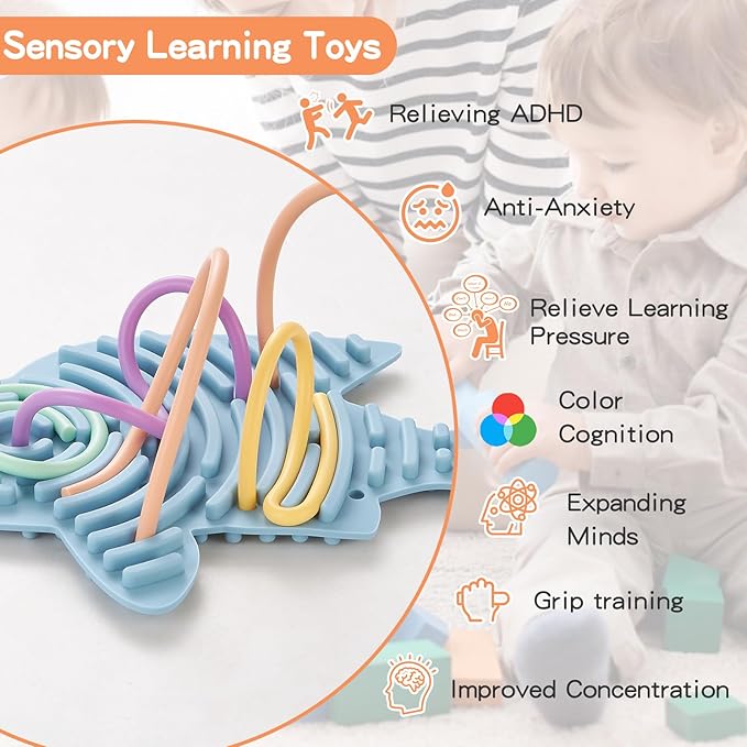 2 Pack Sensory Activity Board with 20 Random-Color Strings, Double-Sided Silicone Sensory Fidget Toy for Kids and Adults with Autism, ADHD, Silent, Stress Relief, Calming, Focus, Gift for Girls Boys
