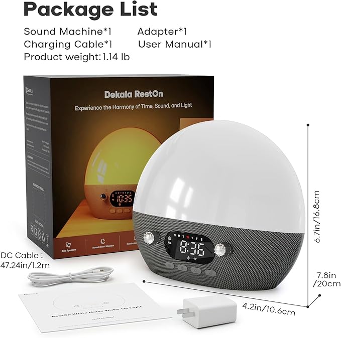 Dekala RestOnn Sunrise Alarm Clock 7-Day Programmable Dual Alarm Clock with Sunset White Noise Sound Machine Natural Sounds Amber Night Light, Bluetooth Speaker, 3000mAh Battery Backup, App Control