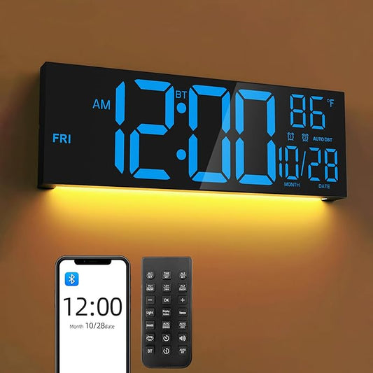 16.5" Large LED Wall Clock with Bluetooth Sync, Night Light, DST, 2 Alarms, RGB Color, Temperature, Remote Control, 12/24H, Timer for Living Room, Bedroom, Desk, Gift for Mother Father Elderly