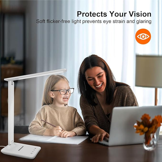 karidi LED Desk Lamp Dimmable Table Lamp with USB Charging Port, 5 Lighting Modes, Sensitive Control, Foldable Portable Desk Light for Home Office Bedroom Reading (White, Standard Size - 13.3 inch)