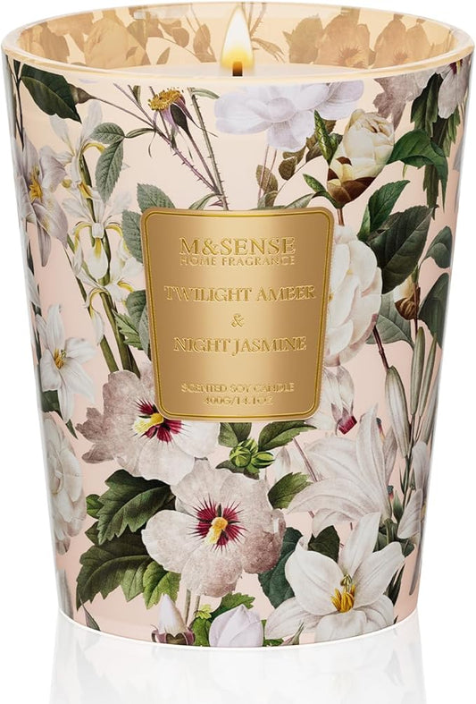 M&SENSE Amber Jasmine Scented Candle, Soy Candles 14.1oz 60H Slow Burning, Aromatherapy Stress Relief Home Fragrance Housewarming Gifts