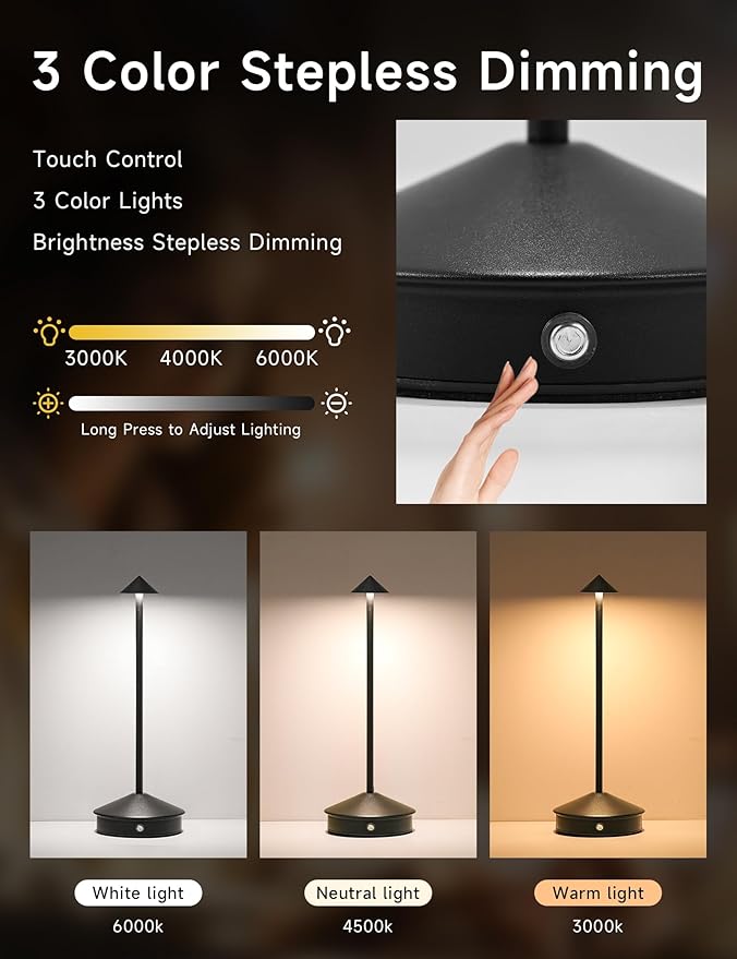 Cordless Table Lamps,LED Rechargeable Desk Lamp,Portable Modern USB Battery Operated Lights,Outdoor Waterproof Touch Dimmable,for Patio,Restaurant,Bar,Camping,Dining Home Set of 2 Black