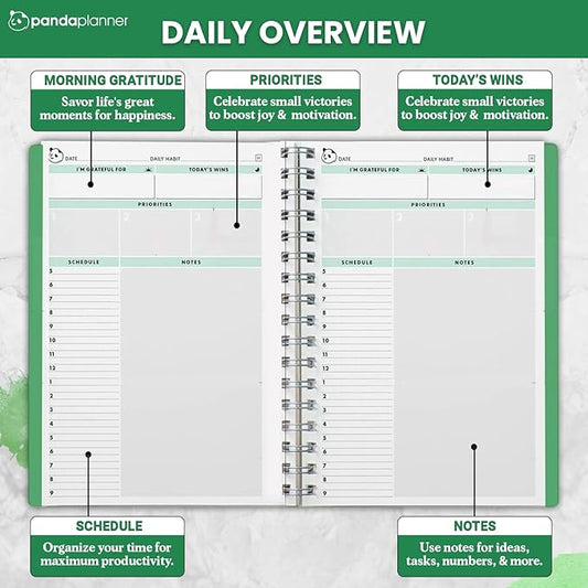 Panda Planner 2025-2026 Undated Daily Planner 5.75" x 8.25" – 90-Day Spiral Productivity & ADHD Planner with Hourly Schedule, Habit Tracker, To-Do List & Monthly Calendar – Panda Journal for Home & Office (Green)