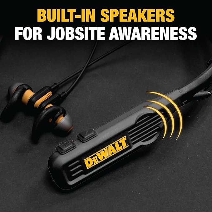 DEWALT Heavy Duty Black Edition 2-in-1 Neckband Bluetooth Headphones w/Built-in Speakers, Jobsite Wearable Speaker & Around Neck, Wireless Headset, 60+ Hrs Hands-Free Music & Calls, Carry Pouch