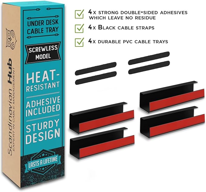 No-Screw Under Desk Cable Management Tray - Self-Adhesive Installation, Cord Management, Cable Tray, Under Desk Wire Organizer - Black Set of 4