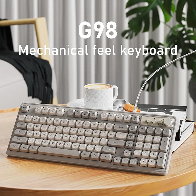 EWEADN G98 RGB Gaming Keyboard Wired, Retro Creamy Membrane Keyboards with Media Knob, Number Pad RGB Backlit, 98 Keys Quite Membrane Computer Keyboard for MAC Xbox PC Gamer - White&Grey