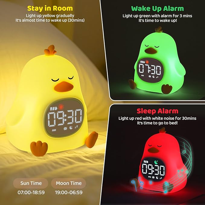 Sleepy Duck Alarm Clock with Night Light for Kids with Sleep Training and Sound Machine, Rechargeable Silicone Lamp OK to Wake Clock,Cute Animal Tabletop Lamp, Perfect Sleep Companion for Boys Girls