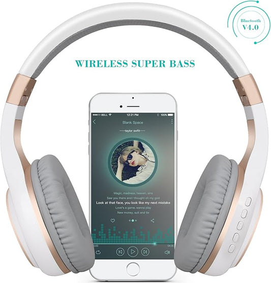 Riwbox Bluetooth Headphones, XBT-80 Folding Stereo Wireless Bluetooth Headphones Over Ear with Microphone and Volume Control, Wireless and Wired Headset for PC/Cell Phones/TV/Gym (White Gold)