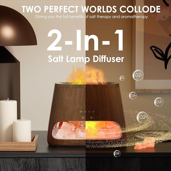 SALKING 2-in-1 Himalayan Salt Lamp Diffuser, Cool Mist Humidifier, Aromatherapy & Himalayan Salt Therapy, 100% Pure Himalayan Salt, Ultrasonic Essential Oil Diffuser with Ambient Glow, 150ml (Dark)