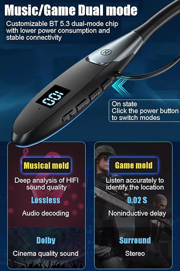 Neckband Bluetooth Headphones οΌ60H Music Time Wireless Stereo Neckband Earbuds with Bluetooth 5.3 LED Digital Display ENC Call Noise Cancellation Silicone Collar in Ear Headset for Sports/Workout