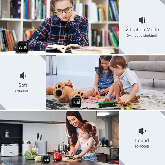 Rotating Pomodoro Timer 5, 25, 10 50 Minutes Preset, Desk Productivity Timer w/Gra vity Sensor, ADHD Tool Cube Countdown, Custom Modes, for Work, Study, Back to School, Kitchen, Black, 2 Pack