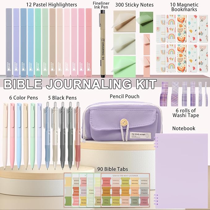 54Pcs Bible Journaling Kit with Pencil Case, Bible Highlighters and Pens with Tabs, Notebook, Bible Study Supplies Journel Essentials Accessories Tools for Women,Back to School Gift (Purple)
