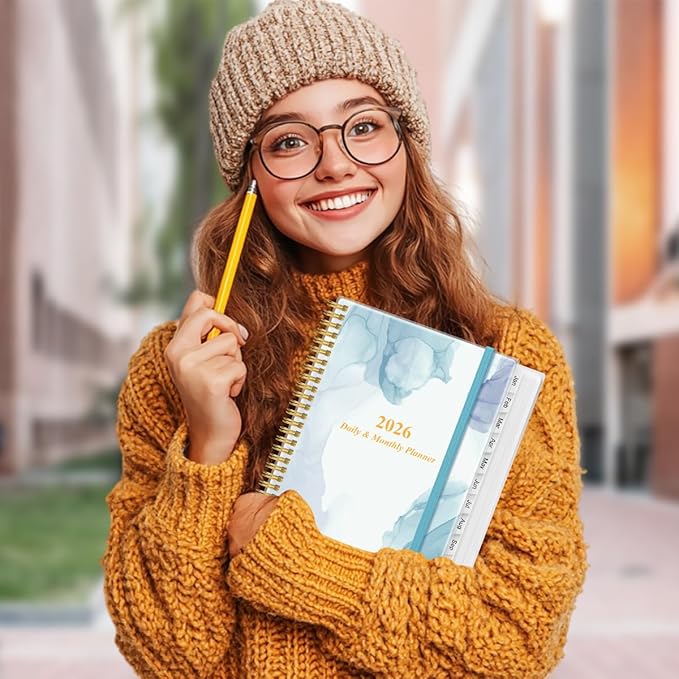 2026 Daily & Monthly Planner - One Page Per Day, Daily Planner from January 2026 - December 2026, Planner 2026 with 12 Monthly Tabs, 8.5" x 11", Blue Watercolor