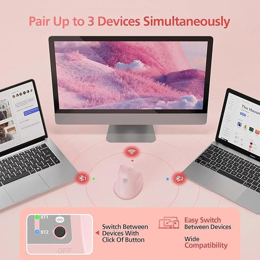 Micropack Wireless Bluetooth Mouse Ergonomic Vertical for Laptop MacBook PC Tablet Rechargeable Silent Click Multi-Device 3-Mode 2.4G Adjustable DPI Compatible with Windows Android iOS MacOS Pink