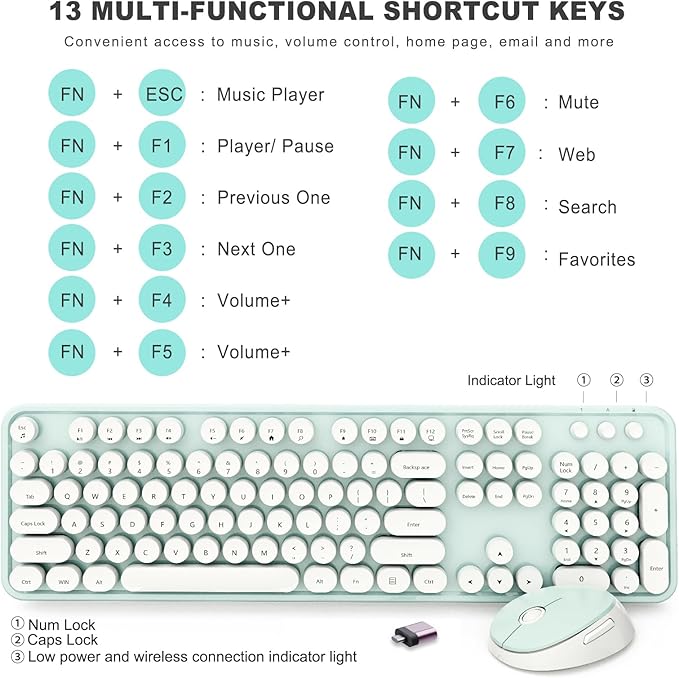 Wireless Keyboard and Mouse Combo, Ergonomic Full Size Typewriter Retro Round Keycaps Keyboard, Compatible with Windows, PC, Perfer for Home and Office Keyboards(Green)