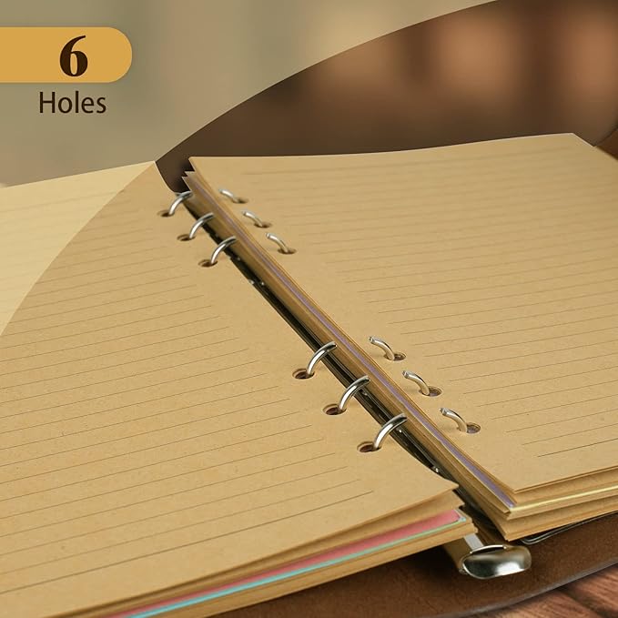 A5 Refill Paper, Planner Inserts for A5 Binder Budget Planner Journals Notebook, 6 Ring Loose Leaf Lined Paper with Binder Dividers, 240 Pages (A5, Light Brown Paper)