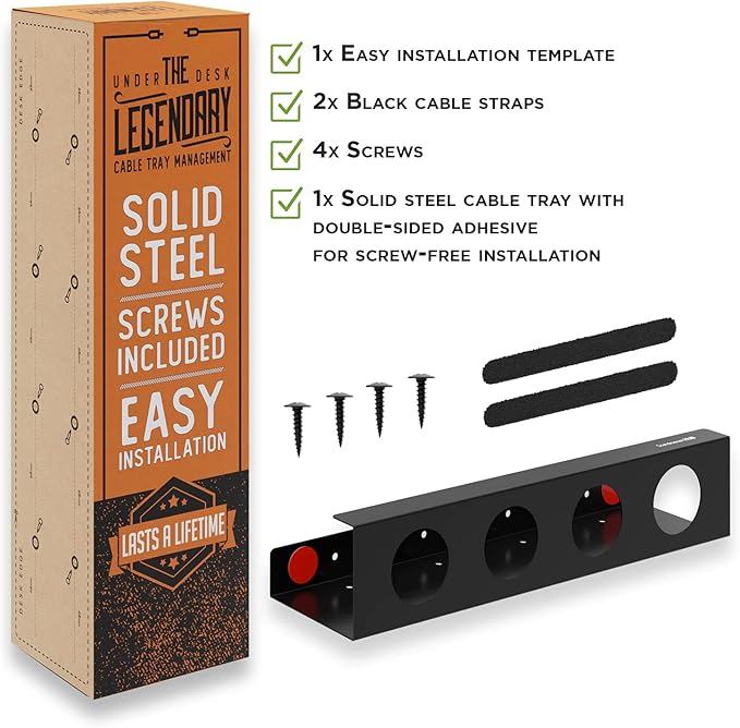Under Desk Cable Management Tray - No Drill Organizer for Glass Desk. Perfect Standing Cable Management Rack (Black Wire Tray - Single 17'')