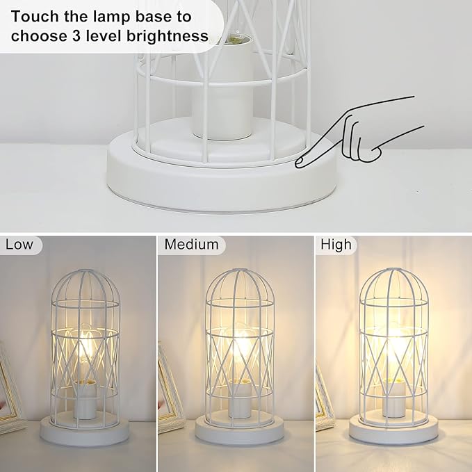 Bedside Touch Lamp, Small Table Lamp for Bedroom Living Room, 3 Way Dimmable Modern Nightstand Lamp, Simple Desk Lamp with White Metal Cage Shade, 2700K LED Bulb Included