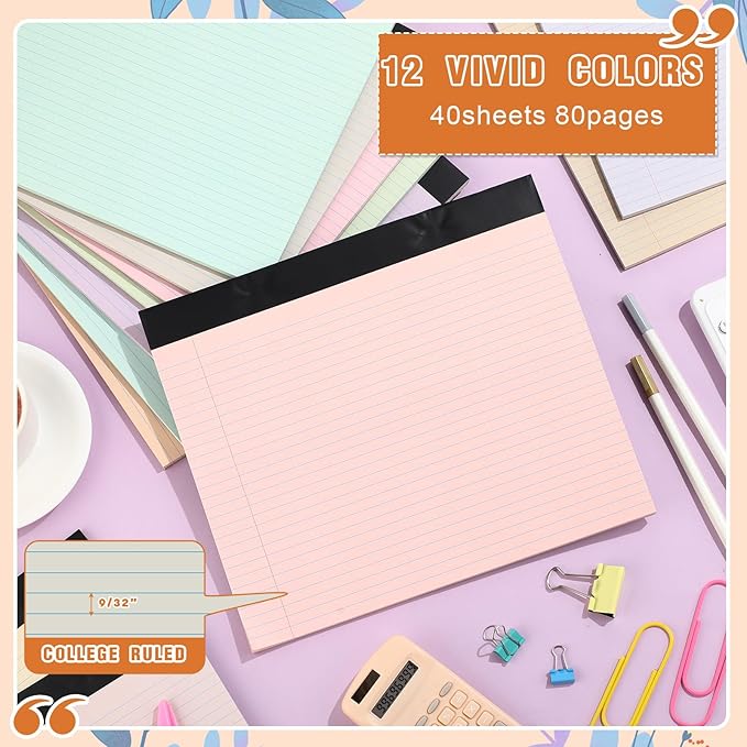 Lincia 12 Pcs 11" x 9.5" Legal Pads College Ruled Notepad Landscape Notebook Horizontal Lined Notebook 80 Gsm Assorted Colors Paper Pastel Writing Pads for School Office, 40 Sheet (Macaron Color)