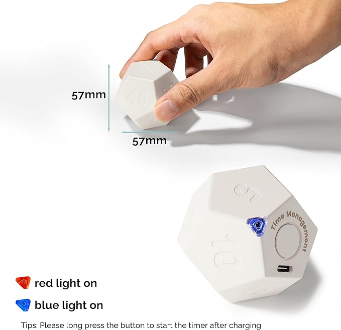 KADAMS Pomodoro Cube Timer Productivity-11 Preset Countdowns, Flip-to-Start Gravity Activation - Sound Vibrate Mute Rechargeable - Ideal for ADHD Kid Kitchen Classroom Cook Study Exercise - White