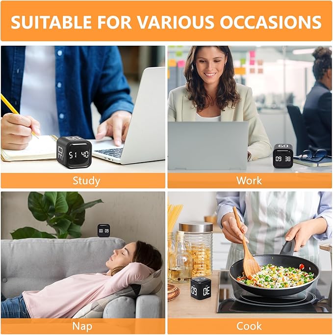 GuDoQi Multi-Function Cube Timer, 5/10/30/60 Min & Custom Count Down, Included Pause & Resume Feature, Silent, Vibrate & Adjustable Sound Alarm for Productivity in Tasks, Study & Kitchen, Black