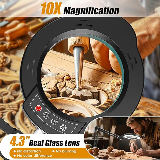 10X Magnifying Glass with Light and Clamp, 5 Color Modes Stepped Dimmable 2-in-1 with LED Desk Lamp, Hands Free Magnifier with Light for Close Works Craft Hobby Painting Reading DIY Repair