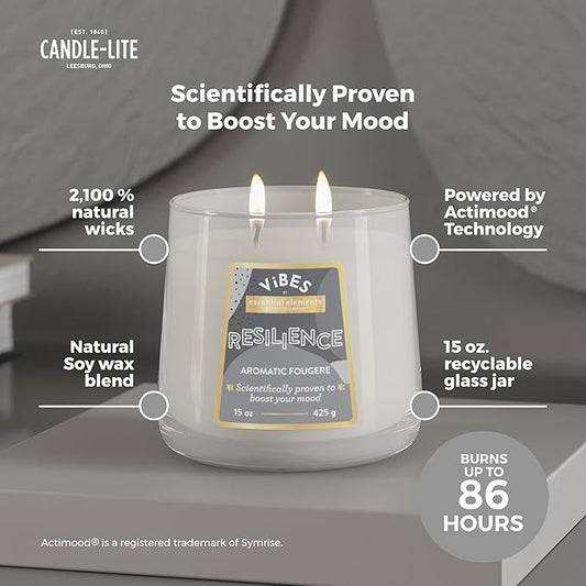Candle-Lite Vibes Aromatic Fougere Mood-Enhancing Scented Candles, 15 oz Jar, Aromatherapy, Proudly Poured in The USA, 2-Wick, 86 Hours Burn Time, Perfect Relaxation Gift