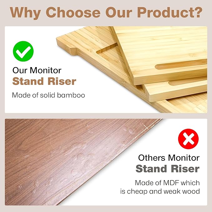 Dual Monitor Stand Riser - Solid Wood 3 Panels Laptop Riser with Storage for Phone/Mug - Home/Office Desk Organizer with Adjustable Length & Angle - Modern Computer Stand for PC, Laptop, & more (Natural)