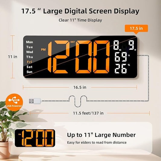 17.5” Digital Wall Clock, LED Display with Time, Date, Month, Temperature & Humidity, Remote Control DST, Alarm, Timer, 10-Level Brightness, Night Light for Home, Living Room, Bedroom & Office Décor