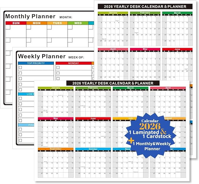 2026 Full Desk Calendar- 11 x 17 Inches,2 Pack Wall/ Desk Calendar 12 Moth of 2 Sided Vertical and Horizontal Reversible , 1 Pack Dry/Wet Erase Monthly and Weekly Planner for Office, School, Home (White)