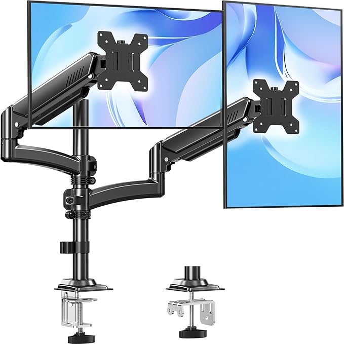 Dual Monitor Stand Holds 4.4-22 lbs Each, Dual Monitor Arm for 2 Monitors, Height Adjustable Computer Desk Mount for Max 32 inch Screens, VESA Mount with C-clamp & Grommet Base, Freelift Black