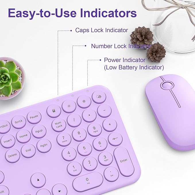 Cute Wireless Keyboard and Mouse Combo Slim 2.4GHz USB Cordless Full Size Silent Retro Keyboard and Mouse Set for PC Computer,Laptop,Windows,Mac,Tablets(Upgraded Violet)