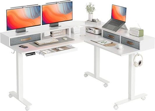 YDN Dual Motor 63" L Shaped Standing Desk with Drawers, Electric Height Adjustable Standing Desk with Monitor Stand & Splice Board, White Frame/White Top