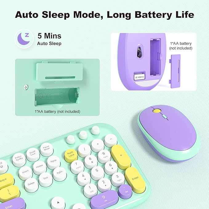 Wireless Keyboard and Mouse Combo, MOWUX Full Size Typewriter Retro Round Computer Keyboard, Cute Optical Mouse Wireless, Plug and Play, for Laptop, PC, Computer- Daydream Mint