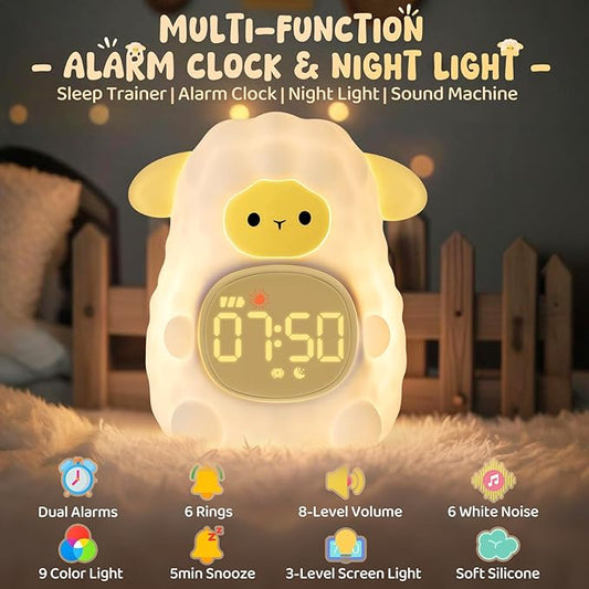 Sheep Alarm Clock with Night Light for Kids with Sleep Training and Sound Machine, Rechargeable Silicone Lamp OK to Wake Clock,Cute Animal Tabletop Lamp, Perfect Sleep Companion for Boys Girls