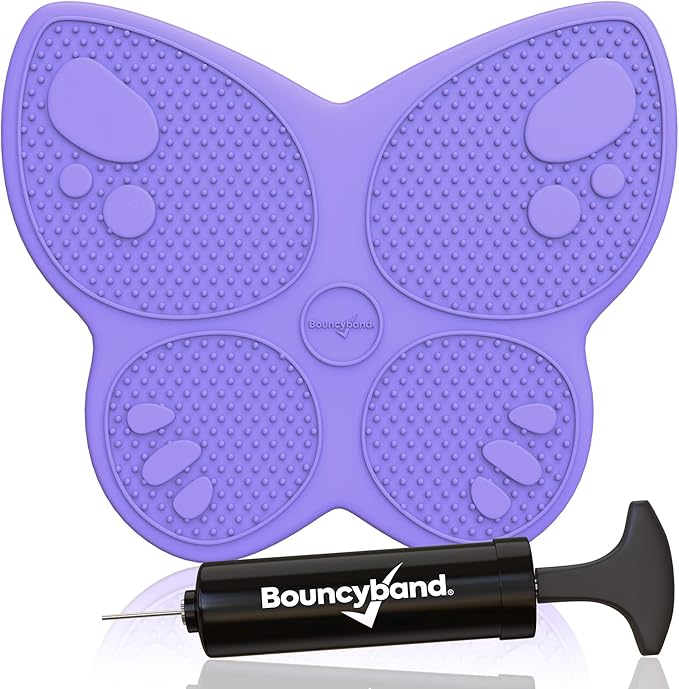 Shaped Wiggle Seats by Bouncyband–Purple Butterfly, 13”x11”x2.2”–Inflatable Sensory Cushion for Kids, Improves Student Productivity and Focus, Comes with Easy-Inflation Pump to Customize Firmness