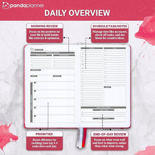Panda Planner Classic Daily Planner 2025-2026 – Undated Productivity Planner & Hourly Schedule Notebook – Day Planner for Focus, Goals & Organization – Raspberry