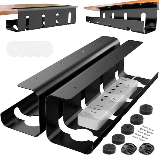 Under Desk Cable Management Tray, No Drill 2 x 15.7 in Steel Tray With Wire and Cord Organizer, 2Pack Black Cable Raceway for Cords