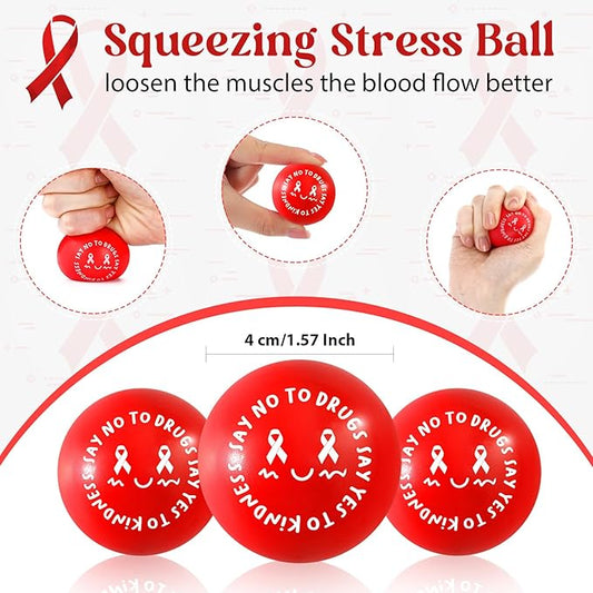 Poen 60 Pcs Red Ribbon Week Supplies Bulk Say No to Drugs Red Awareness Squeeze Balls Drug Free Awareness Anti Drug Events Gifts Motivational Relief Stress Balls for Charity Activity (Cute Style)