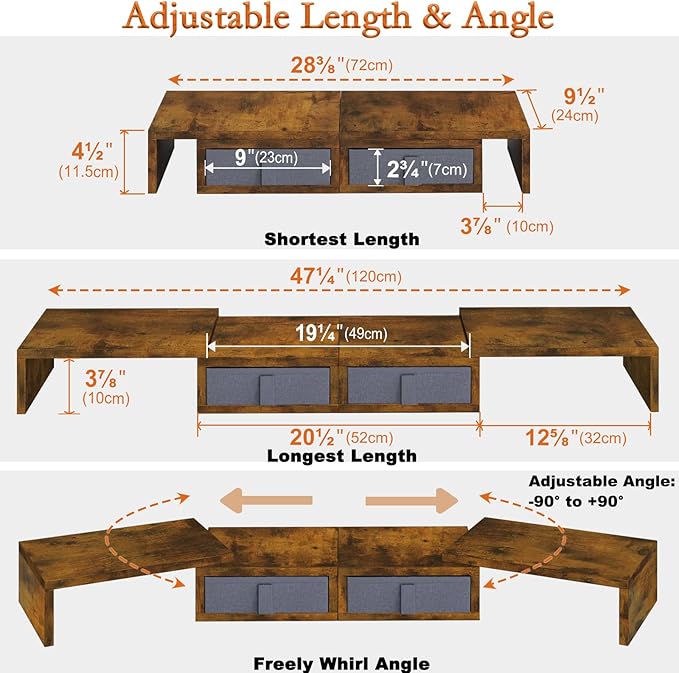 TEAMIX Dual Monitor Stand Riser - Length and Angle Adjustable White Monitor Stand with 2 Drawers to Storage Large Computer Riser for 2 Monitors/Laptop/PC, Wood Screen/TV Stand Desk Organizer (Brown)