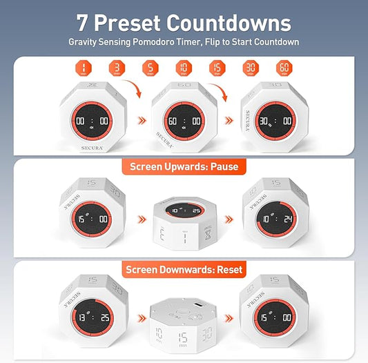 Secura Pomodoro Timer, Rotating Cube Time Tracker, Flip Gravity Sensor with 7 Presets(1/3/5/10/15/30/60 Minutes), Visual Progress Bar for ADHD, Kids, Tasks, Work, Study (White)