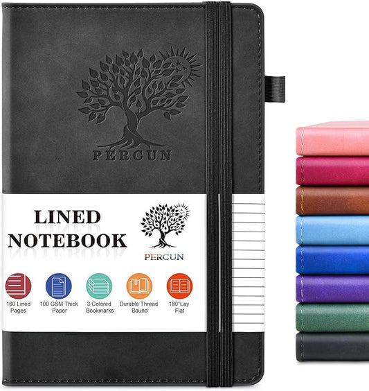 PERCUN Lined Journal Notebook for Men & Women, 160 Pages College Ruled Journal for Writing, A5 Hardcover Leather Notebooks for Work, School, Business, Travel, Daily Diary 5.9" x 8.5" - Black
