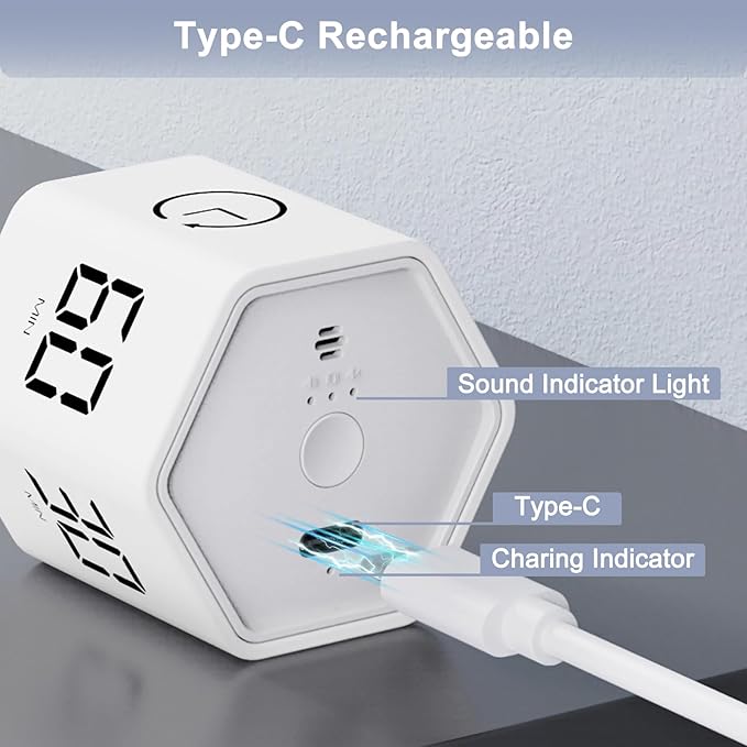 GuDoQi Rotating Pomodoro Timer 1 5 10 30 60 Min Preset, Hexagon ADHD Flip ProductivityTimer Tool Pause, Vibration, Mute, Adjustable Sound Alert for Work, Study, Back to School, Kitchen, White