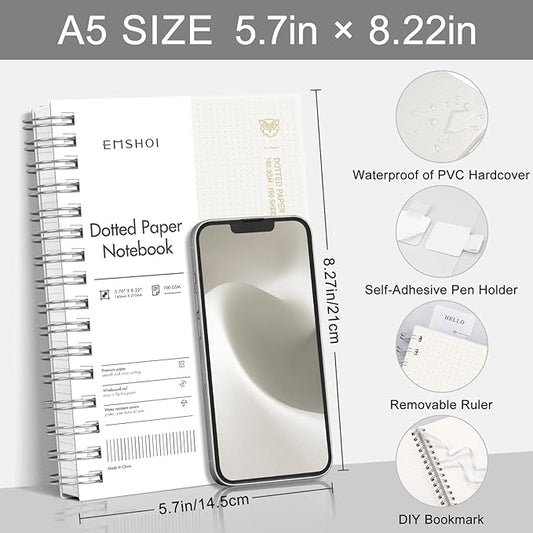 EMSHOI Spiral Notebook Bullet Dotted journal, A5 Dotted Grid Notebook with 300 Pages, 100gsm Thick Paper, Waterproof Softcover Notebook for School Work Writing, 5.7" × 8.22" - Transparent