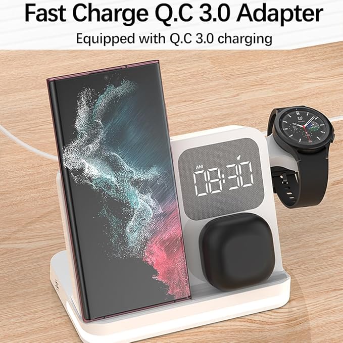 IHAO 3in1 Multi Functional Wireless Charging Station with Digital Alarm Clock 15W Fast Charge Night Light Wireless Charger for All Qi Phone and Earbud Headphone Compliant with i-Watch-B22 White