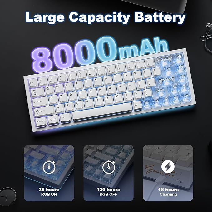YUNZII AL65 Wireless Mechanical Keyboard, Full Aluminum CNC,Support QMK/VIA Software Gasket Structure,60% Hot Swappable with RGB Backlit BT/2.4G/USB-C for Mac/Windows(White, Gateron Zero)
