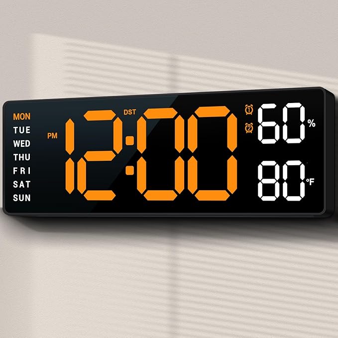10" Digital Wall Clock: Dual Alarm Wall Mount Decor Clock for Living Room Classroom Office Desk, House Warming Gifts New Home Decor, Gift for Mom Dad Seniors Teen Orange