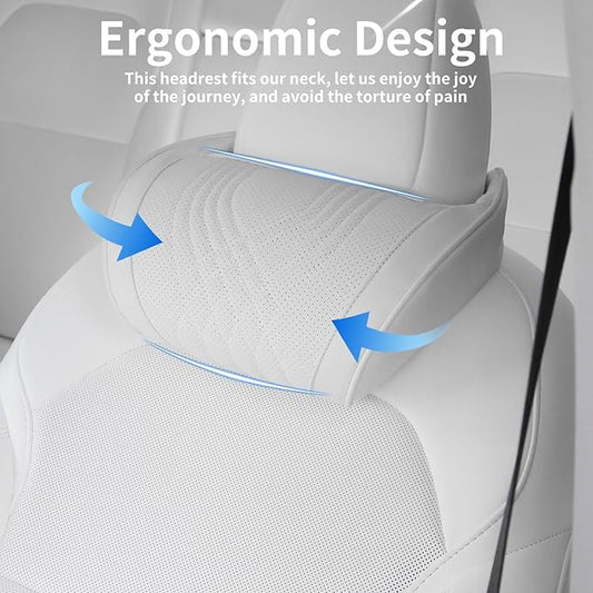 Car Headrest Memory Foam Neck Pillow for Driving with Leather Cover Soft Comfortable Seat Head Pillow Cushion for Most Cars SUV Sedan Home Office, White, 2PC