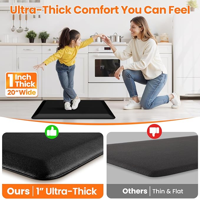 Kitchen Mats for Floor, 1 Inch Extra-Thick Kitchen Rugs, Non-Slip & Waterproof Standing Desk Mat, Comfort Anti Fatigue Mats for Kitchen Floor, Home, Sink, Office (20" X 32", Black)